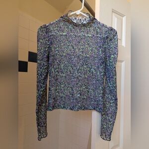 NWOT Rancai Purple Green Gray mesh lace Sheer Long Sleeve Top Size S